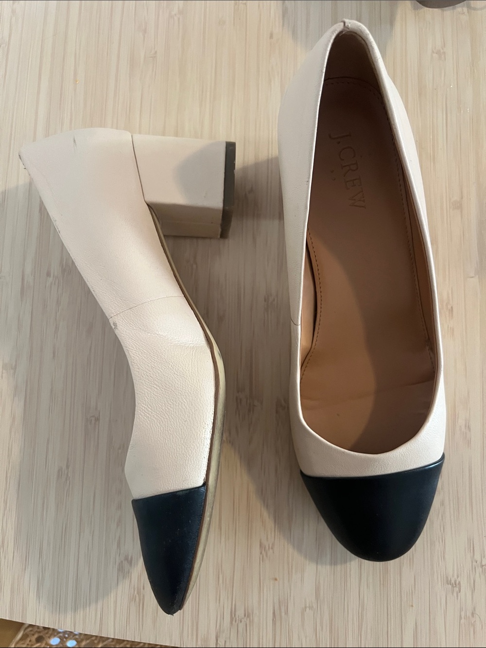 J. Crew Cream Leather Block Heel Pumps with Black Cap Toe